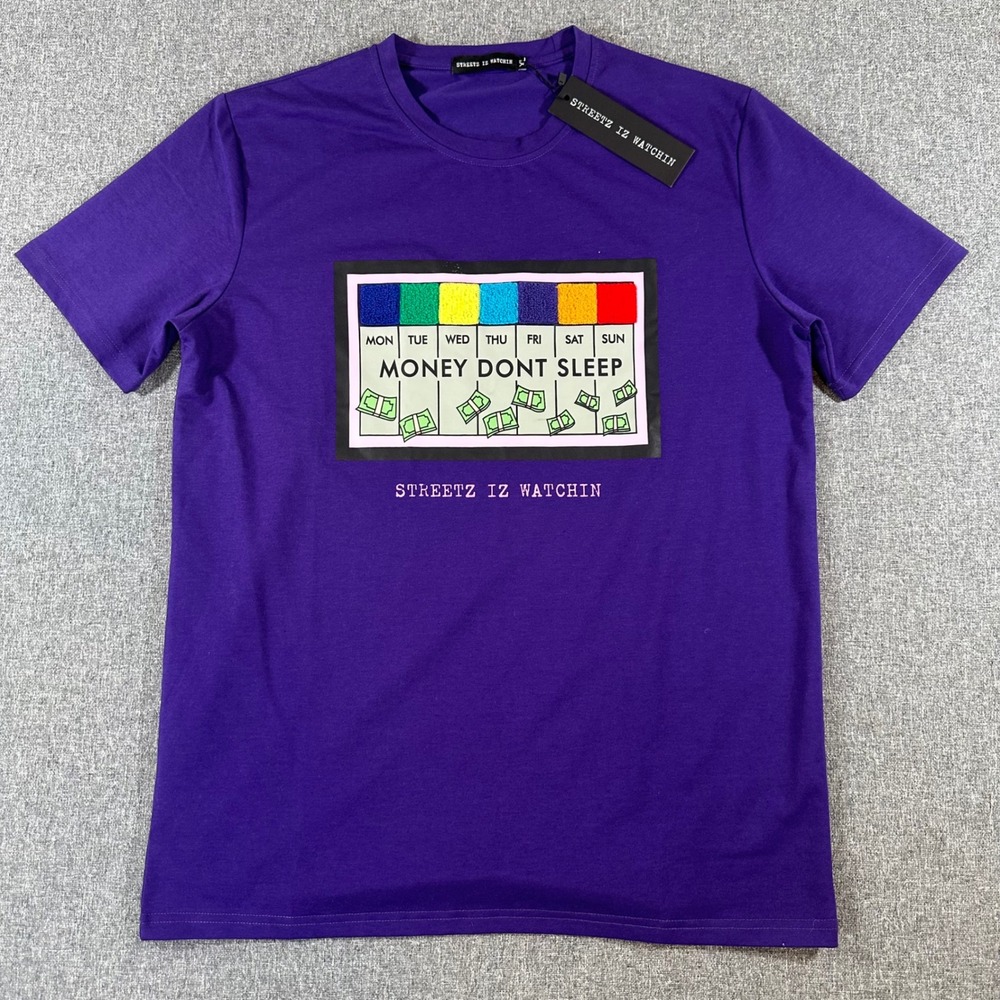 Streetz Iz Watchin Money Dont Sleep Purple Graphic Tee Mens XL NWT Streetwear